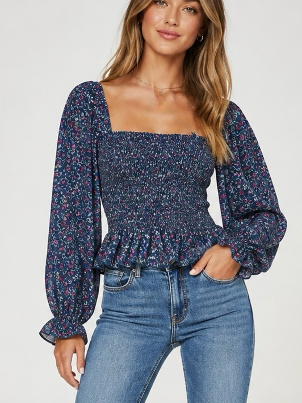 Topshop Navy Floral Smocked Square-Neck Blouse